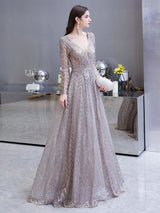 Evening Dress Princess Silhouette V Neck Long Sleeve Lace Sequins Floor Length Social Party Dresses