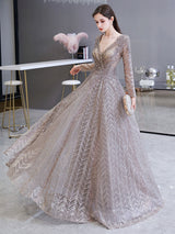 Evening Dress Princess Silhouette V Neck Long Sleeve Lace Sequins Floor Length Social Party Dresses