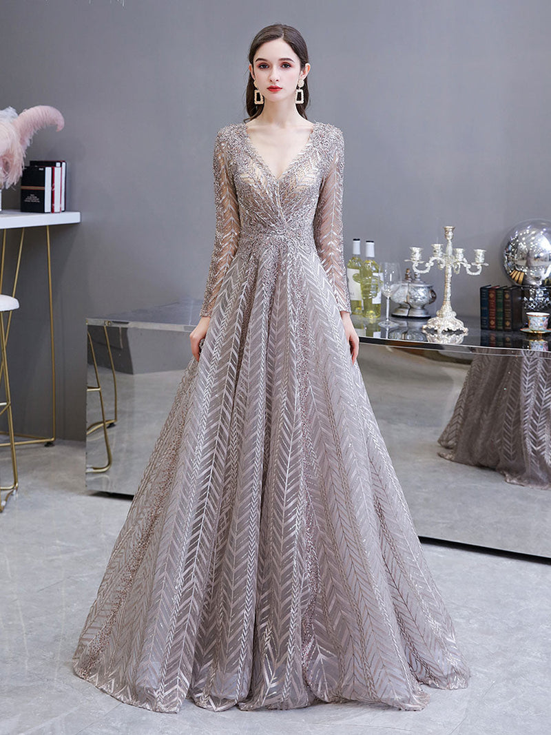 Evening Dress Princess Silhouette V Neck Long Sleeve Lace Sequins Floor Length Social Party Dresses