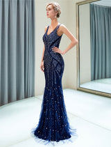 Evening Dresses Dark Navybeading Luxury V Neck Sleeveless Mermaid Formal Gowns