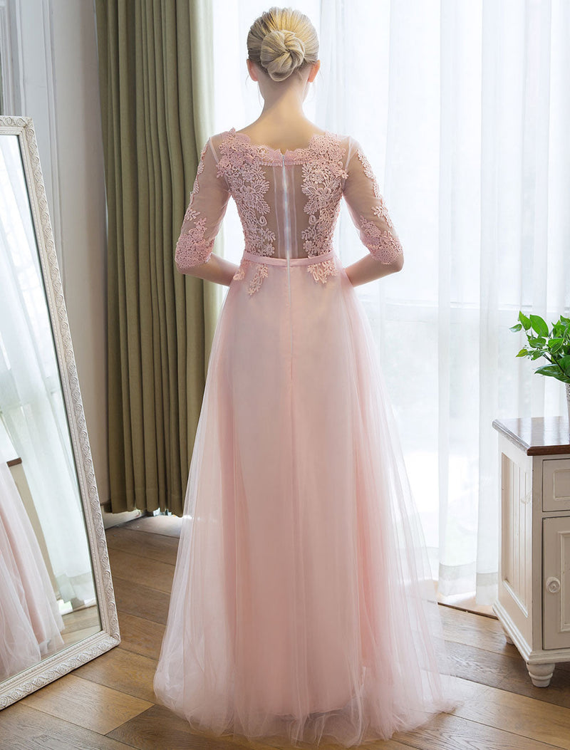 Evening Dresses Long Soft Pink Half Sleeve Lace Tulle Formal Evening Lace Applique Maxi Party Dress