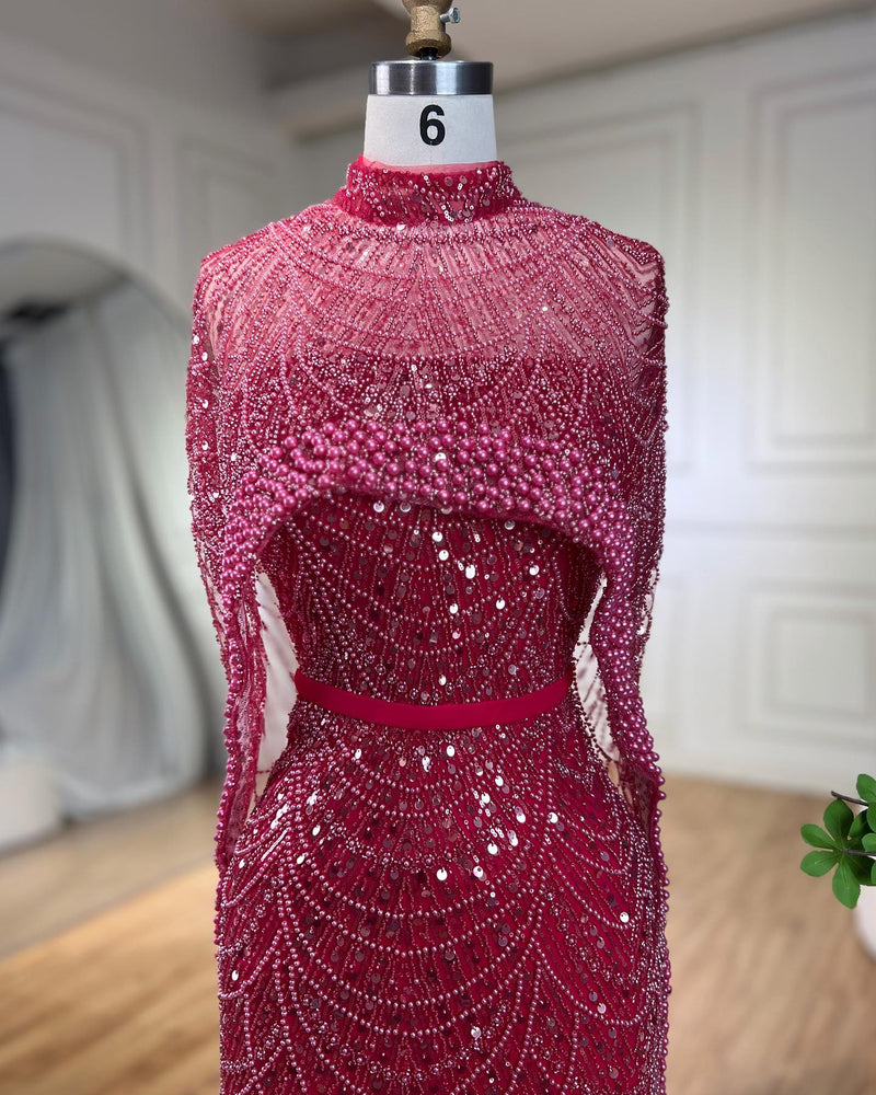 Gorgeous Fuchsia Mermaid Prom Dress Beadings Pearls With Cape-stylesnuggle