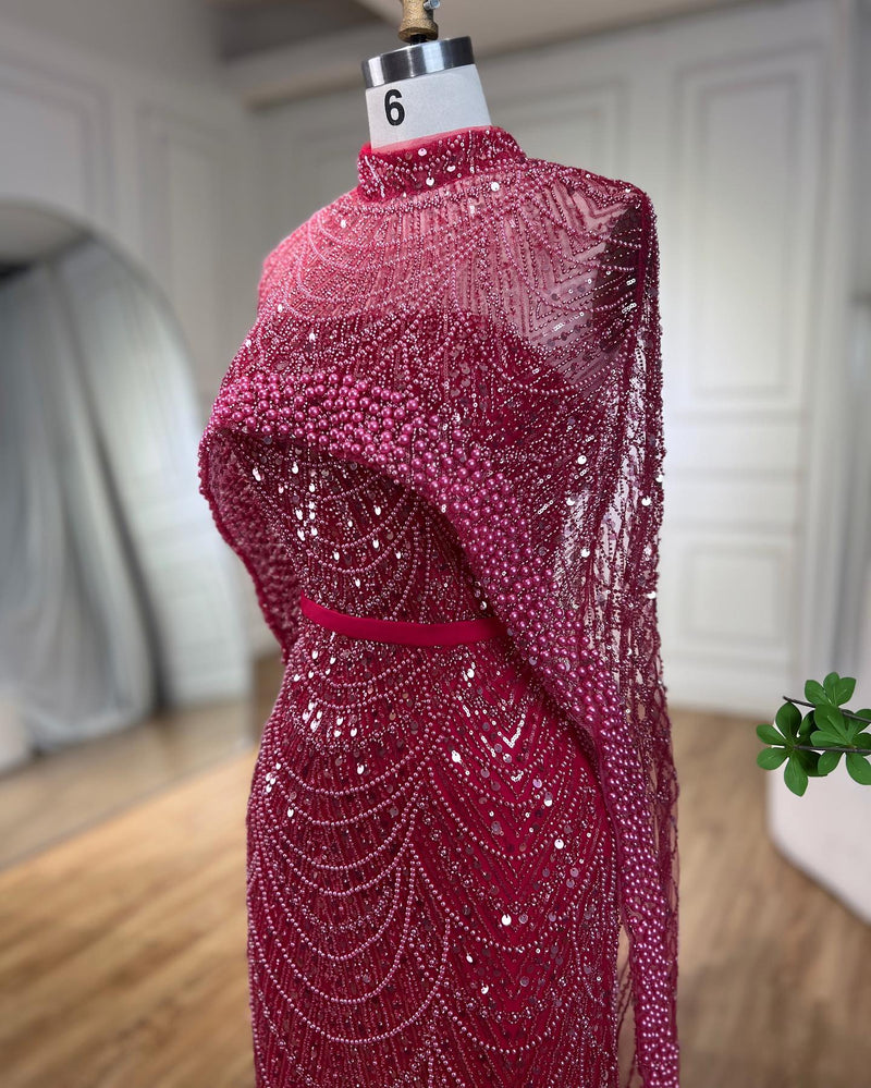 Gorgeous Fuchsia Mermaid Prom Dress Beadings Pearls With Cape-stylesnuggle