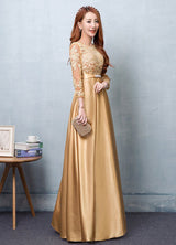 Gold Evening Dress Satin evening dress Lace Applique Wedding Guest Dresses Sash A Line Maxi Mother's Dress wedding guest dress