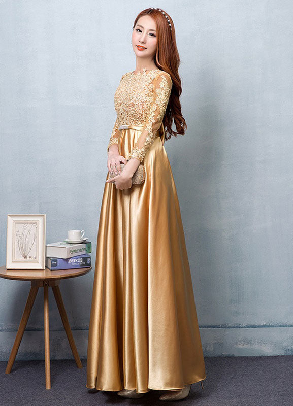 Gold Evening Dress Satin evening dress Lace Applique Wedding Guest Dresses Sash A Line Maxi Mother's Dress wedding guest dress