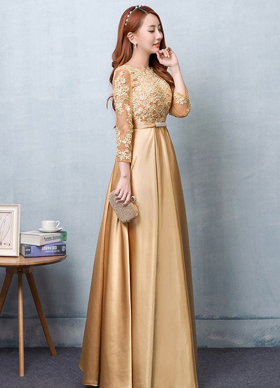 Gold Evening Dress Satin evening dress Lace Applique Wedding Guest Dresses Sash A Line Maxi Mother's Dress wedding guest dress