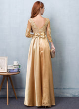 Gold Evening Dress Satin evening dress Lace Applique Wedding Guest Dresses Sash A Line Maxi Mother's Dress wedding guest dress