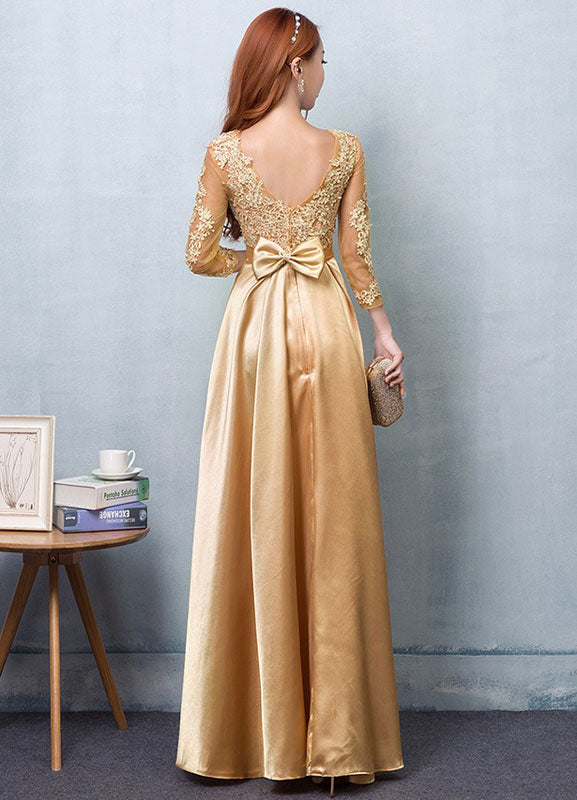 Gold Evening Dress Satin evening dress Lace Applique Wedding Guest Dresses Sash A Line Maxi Mother's Dress wedding guest dress