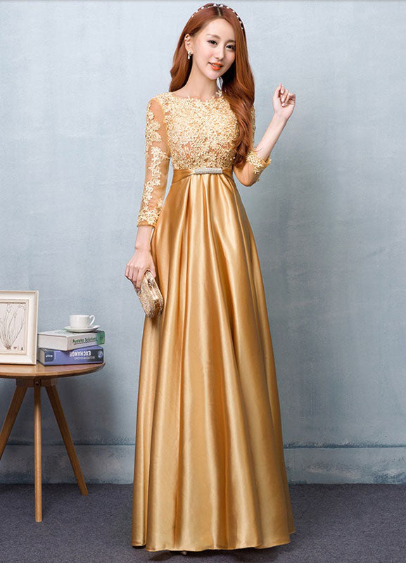 Gold Evening Dress Satin evening dress Lace Applique Wedding Guest Dresses Sash A Line Maxi Mother's Dress wedding guest dress