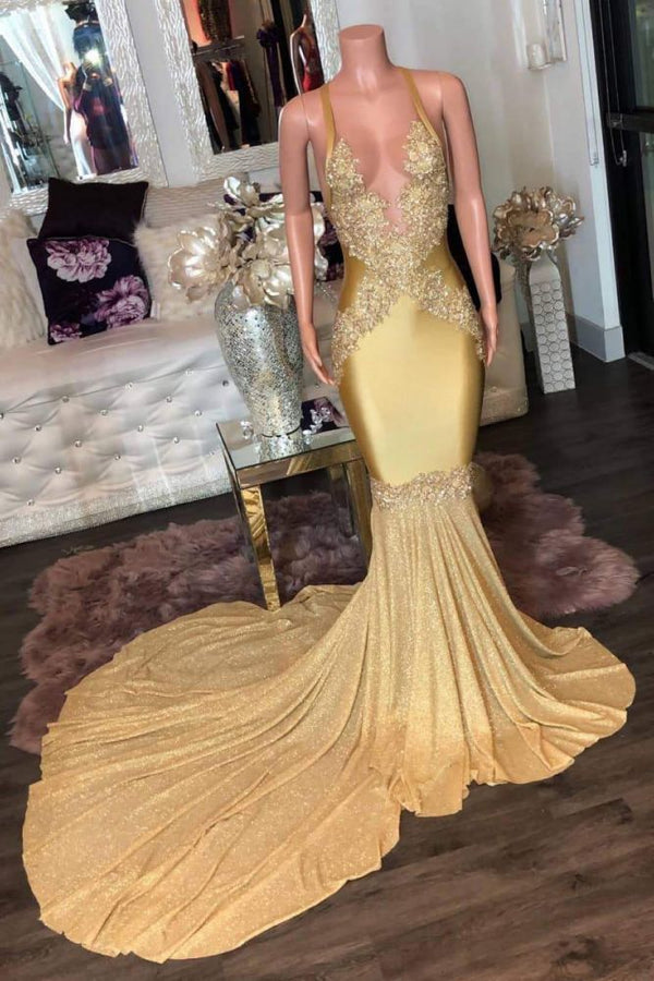 Looking for Prom Dresses, Evening Dresses, Real Model Series in Stretch Satin,  Mermaid style,  and Gorgeous work? stylesnuggle has all covered on this elegant Gorgeous Golden Appliques Spaghetti Long Mermaid Evening Dresses.