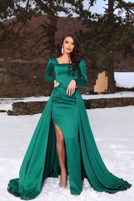 Gorgeous Green Square Long-Sleeve A-Line Satin Evening Dresses With Ruffles-stylesnuggle