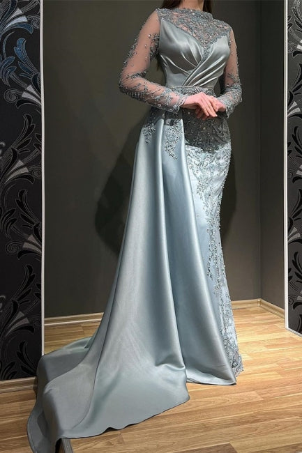 Gorgeous Grey Long Sleeves Jewel Mermaid Stretch Satin Evening Prom Dresses with Appliques-stylesnuggle