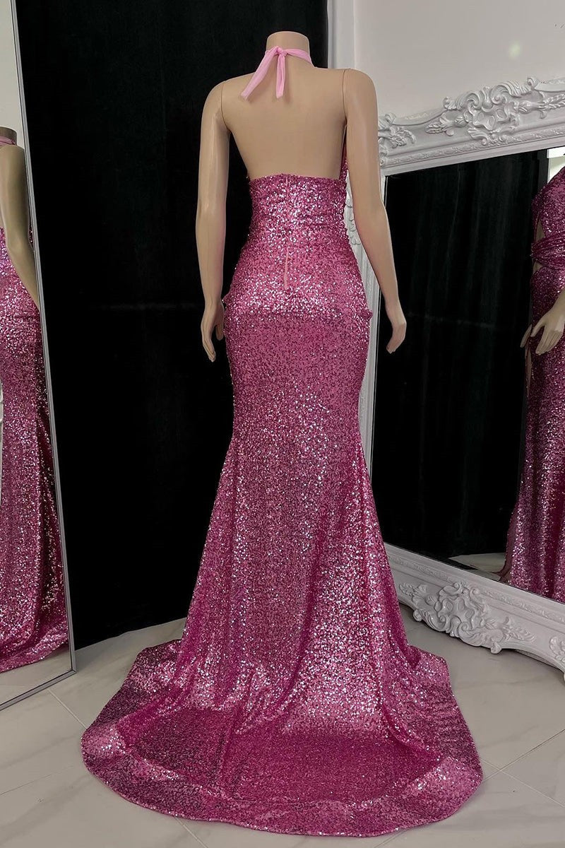 Gorgeous Halter Pink Prom Dress Sequins Sleeveless Long With Split-stylesnuggle