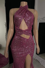 Gorgeous Halter Pink Prom Dress Sequins Sleeveless Long With Split-stylesnuggle