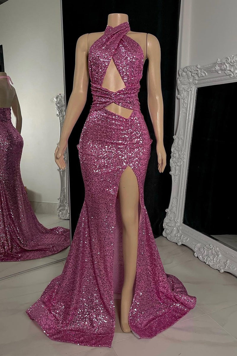 Gorgeous Halter Pink Prom Dress Sequins Sleeveless Long With Split-stylesnuggle