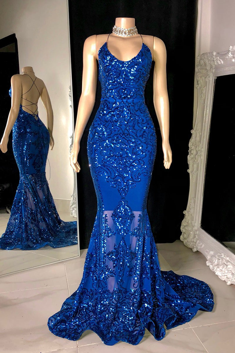 Gorgeous Halter V-Neck Sleeveless Mermaid Prom Dresses Sequins Long-stylesnuggle