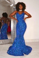 Gorgeous Halter V-Neck Sleeveless Mermaid Prom Dresses Sequins Long-stylesnuggle