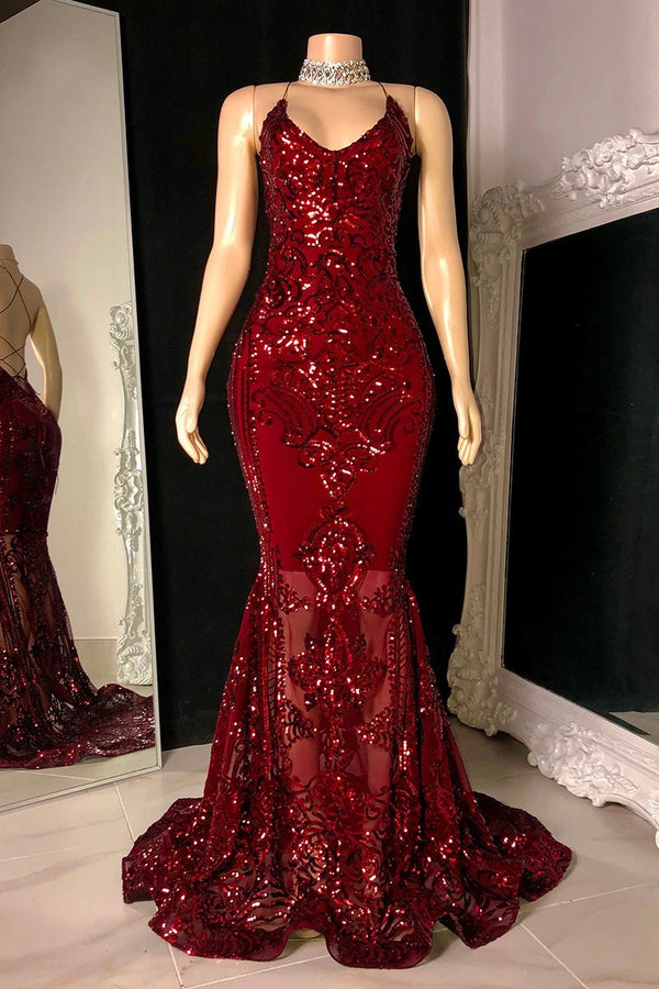 Gorgeous Halter V-Neck Sleeveless Mermaid Prom Dresses Sequins Long-stylesnuggle