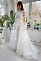 Gorgeous High Collar Long Sleeves A-Line Lace Wedding Dresses with Chapel Train-stylesnuggle