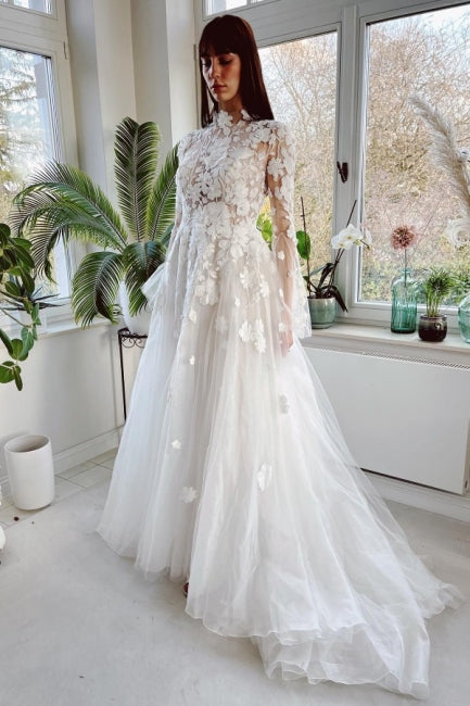 Gorgeous High Collar Long Sleeves A-Line Lace Wedding Dresses with Chapel Train-stylesnuggle