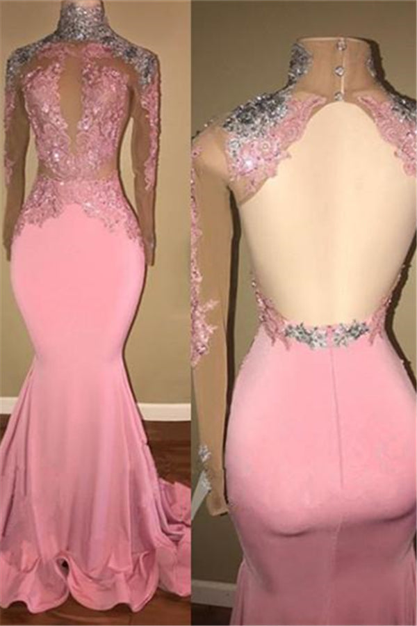 Gorgeous High-Neck Backless Pink Prom Party GownsMermaid With Lace Appliques-stylesnuggle