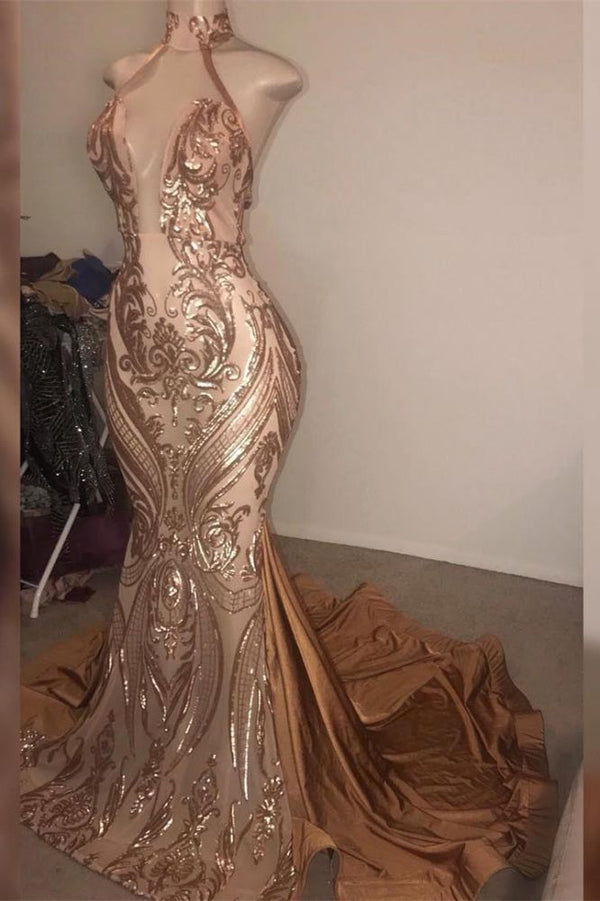 stylesnuggle offers Gorgeous High neck Golden Mermaid Long Prom Party GownsReal Model Series at a cheap price from Stretch Satin to Mermaid Floor-length hem. Gorgeous yet affordable Sleeveless Prom Dresses, Evening Dresses.