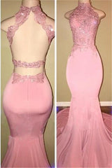 Gorgeous High Neck Pink Lace Prom Party GownsMermaid Long-stylesnuggle