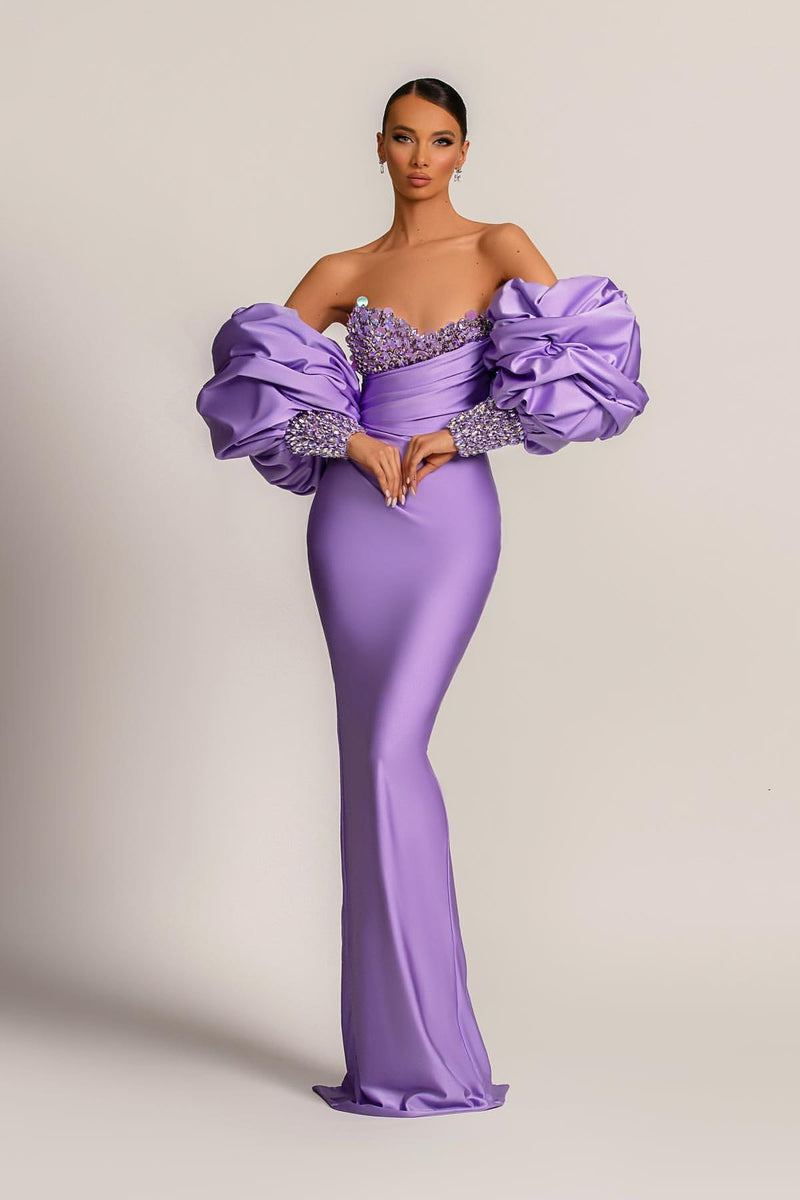 Gorgeous Lilac Detachable Sleeves Prom Dress Mermaid Sweetheart With Sequins-stylesnuggle