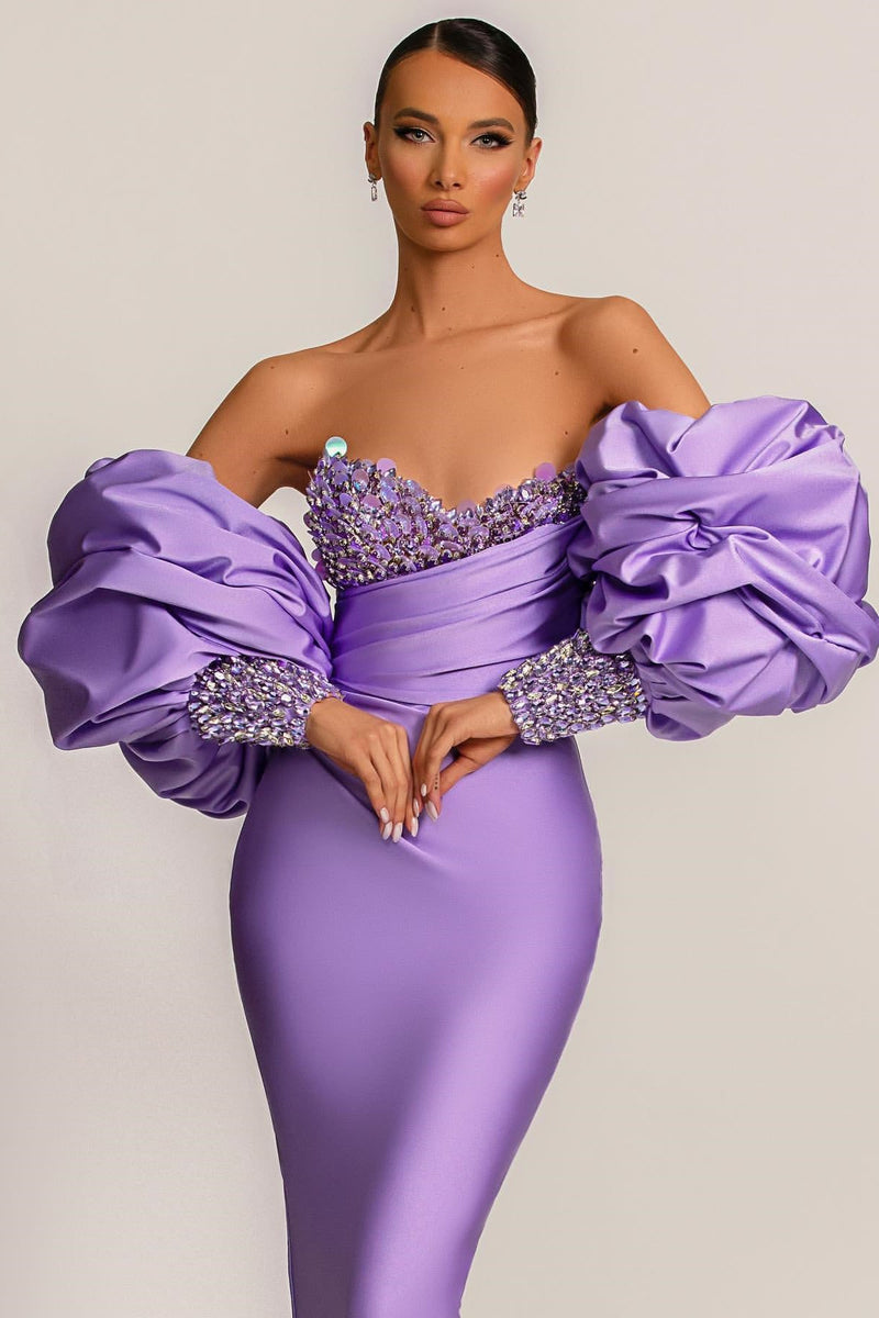 Gorgeous Lilac Detachable Sleeves Prom Dress Mermaid Sweetheart With Sequins-stylesnuggle