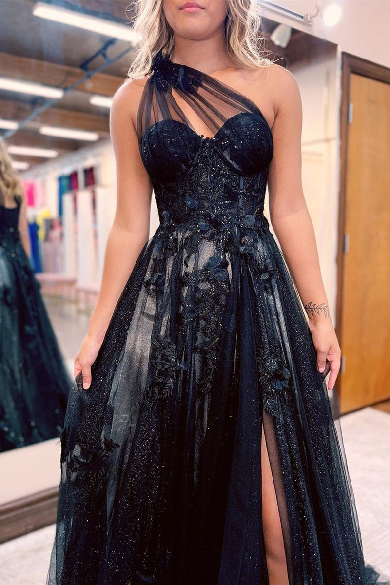 Gorgeous Long Black One Shoulder A-line Lace Prom Dress Split Online-stylesnuggle