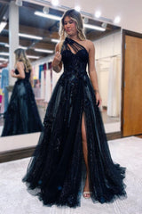 Gorgeous Long Black One Shoulder A-line Lace Prom Dress Split Online-stylesnuggle