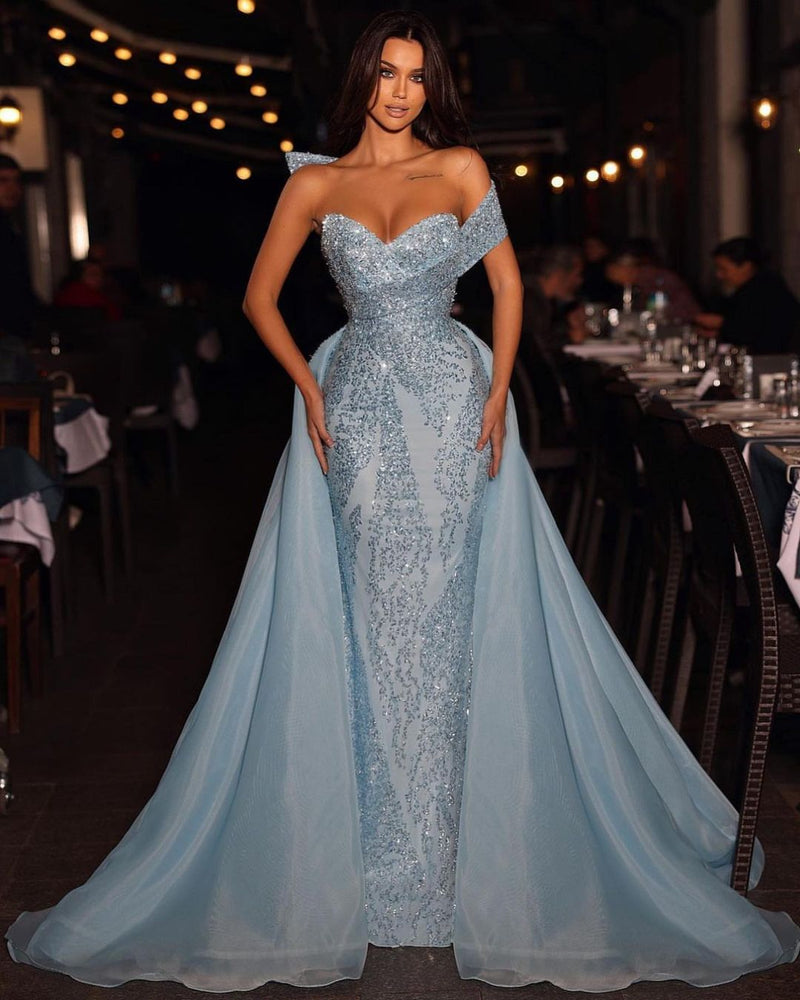 Gorgeous Long Blue A-line Off-the-shoulder Sleeveless Sequined Prom Dress With Detachable Train-stylesnuggle