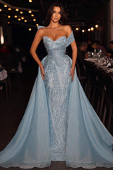 Gorgeous Long Blue A-line Off-the-shoulder Sleeveless Sequined Prom Dress With Detachable Train-stylesnuggle