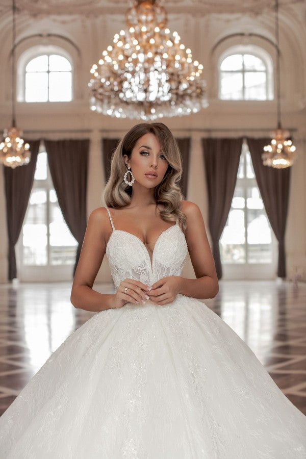 Gorgeous Long Long V-Neck Sleeveless Princess Wedding Dresses Online With Lace-stylesnuggle