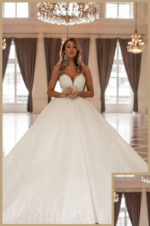 Gorgeous Long Long V-Neck Sleeveless Princess Wedding Dresses Online With Lace-stylesnuggle