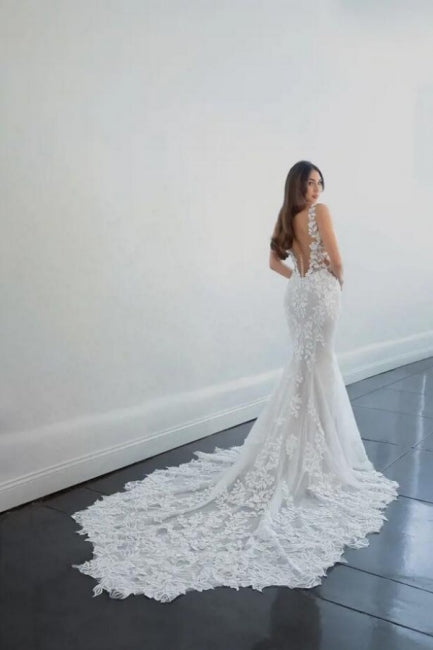 Gorgeous Long Mermaid V-neck Sleeveless Wedding Dresses With Lace-stylesnuggle