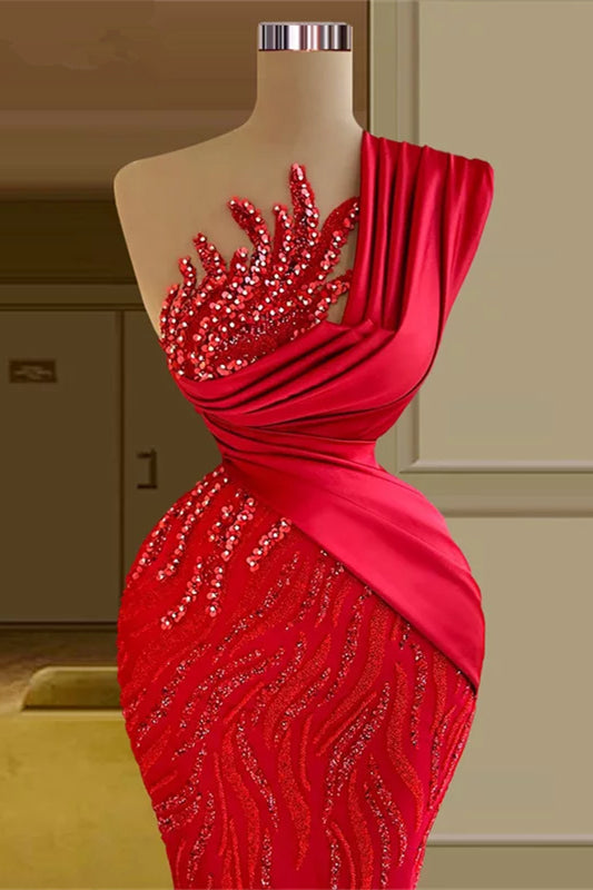 Gorgeous Long Red Mermaid One Shoulder Lace Sequined Sleeveless Prom Dress-stylesnuggle