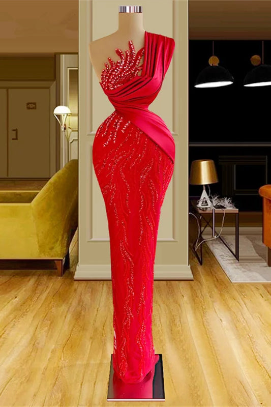 Gorgeous Long Red Mermaid One Shoulder Lace Sequined Sleeveless Prom Dress-stylesnuggle