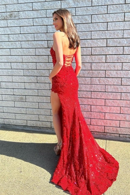 Gorgeous Long Red One Shoulder Graduation Dresses Glitter Lace Prom Dresses With Split Online-stylesnuggle