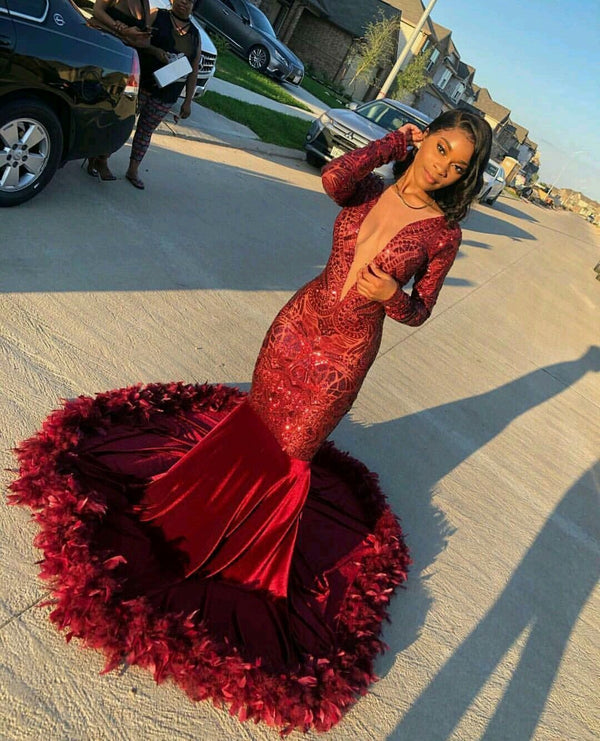 Gorgeous Long Sleeves Burgundy Lace Sequins Prom Dress Mermaid With Feather-stylesnuggle