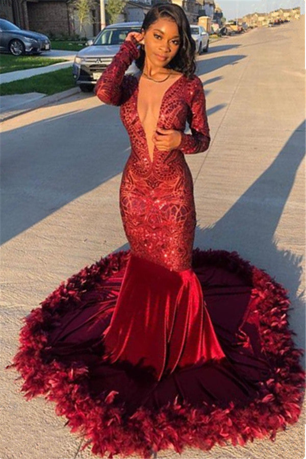 Gorgeous Long Sleeves Burgundy Lace Sequins Prom Dress Mermaid With Feather-stylesnuggle