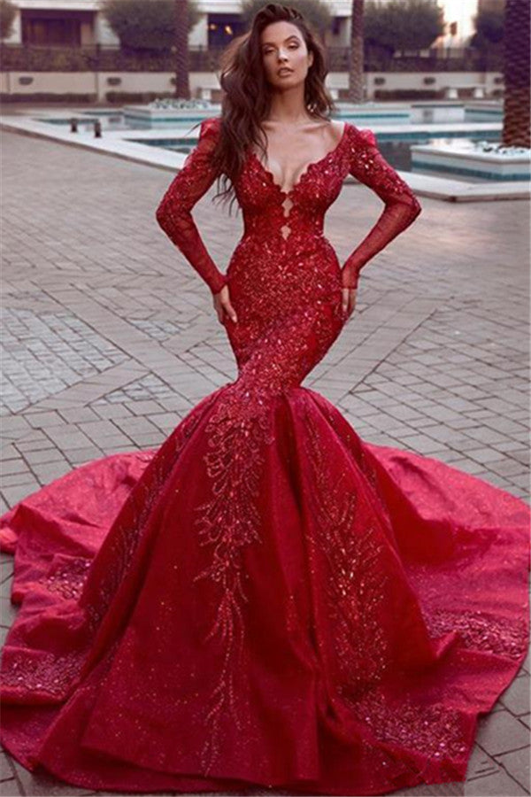 Wanna Prom Dresses, Evening Dresses in Mermaid style,  and delicate Lace work? stylesnuggle has all covered on this elegant Gorgeous Long Sleevess Mermaid Evening Dresses with Train Hot Backless Lace Crystal Prom Dresses