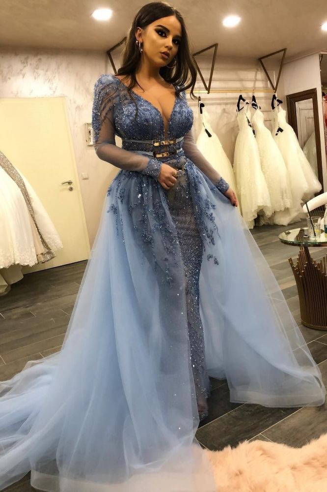 Shop stylesnuggle for Gorgeous Long Sleevess V-Neck Lace Beaded Mermaid Prom Dresses with Over Skirt at cheap prices. Free shipping and return for our new arrival prom dresses collections.