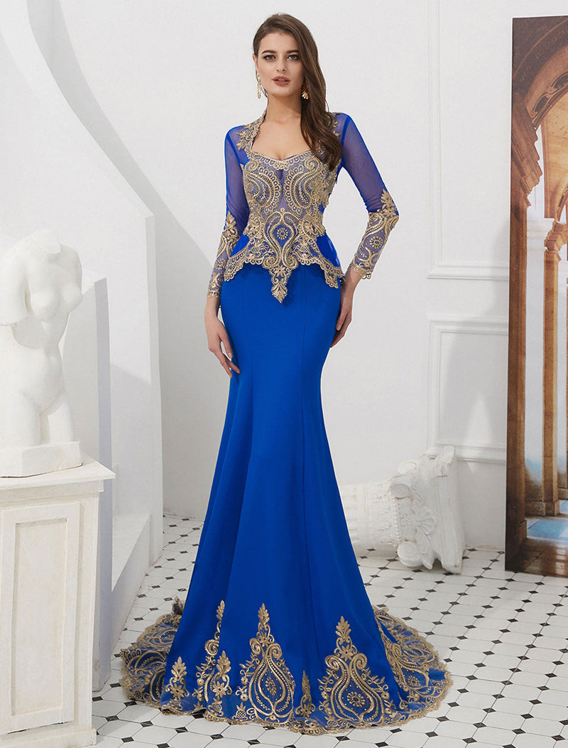 Luxury Evening Dresses Embroidered Beaded Queen Anneneck Long Sleeve Formal Gowns With Cloak