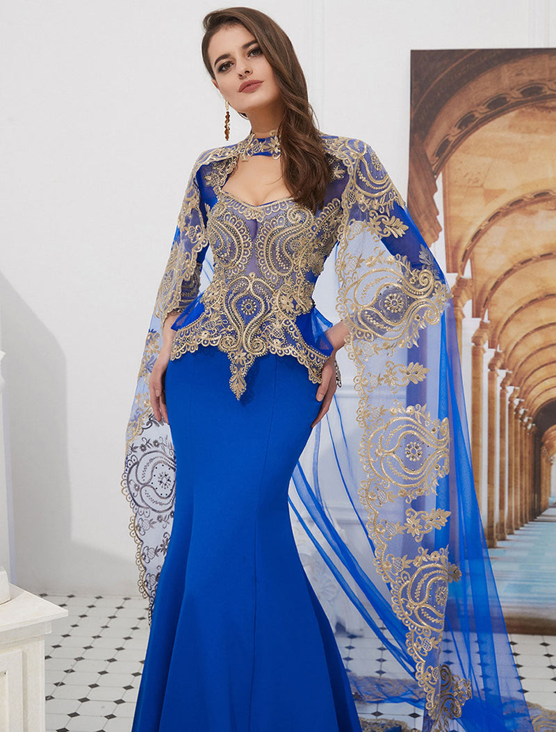 Luxury Evening Dresses Embroidered Beaded Queen Anneneck Long Sleeve Formal Gowns With Cloak