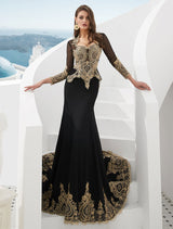 Luxury Evening Dresses Embroidered Beaded Queen Anneneck Long Sleeve Formal Gowns With Cloak