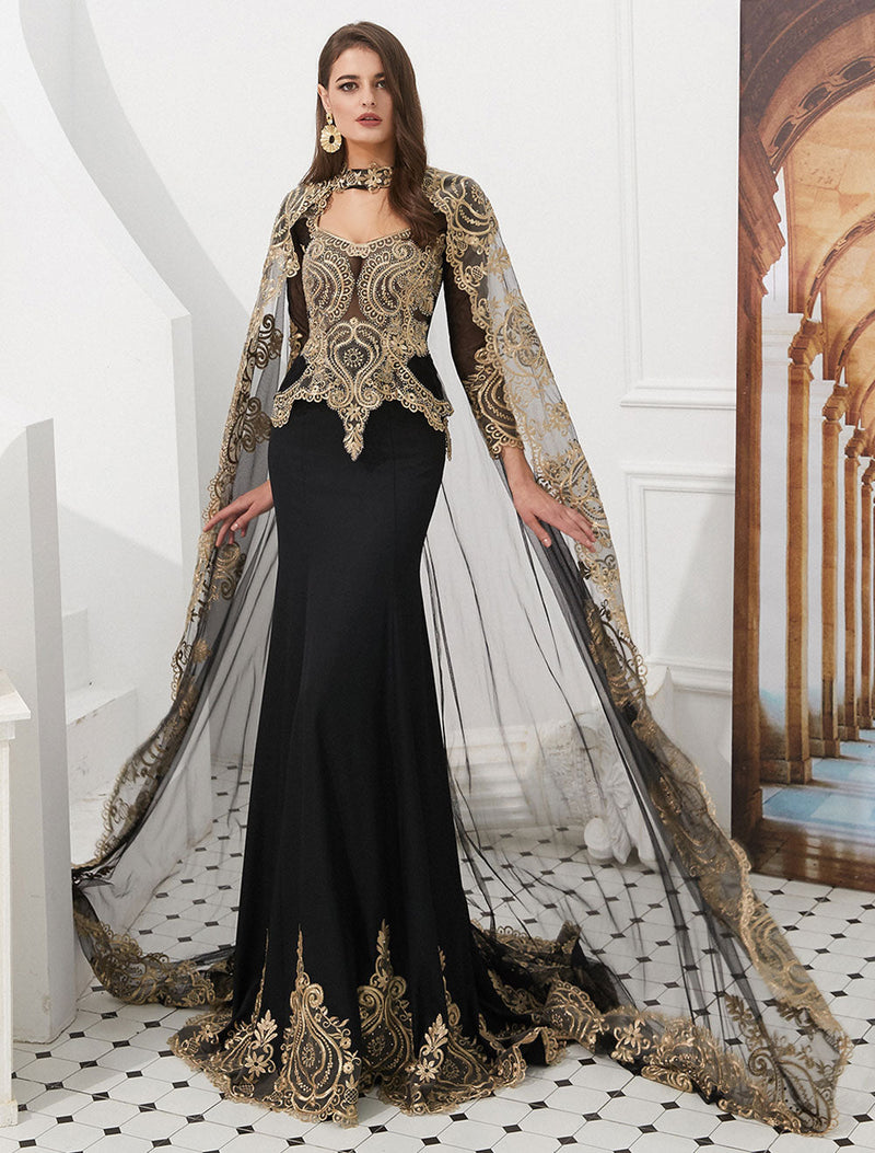 Luxury Evening Dresses Embroidered Beaded Queen Anneneck Long Sleeve Formal Gowns With Cloak