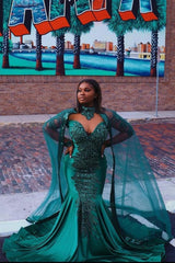 Looking for Prom Dresses, Evening Dresses in Stretch Satin,  Mermaid style,  and Gorgeous Beading, Appliques work? stylesnuggle has all covered on this elegant Gorgeous Mermaid Evening Gowns Long Sleeves Appliques Floor Length Cape.