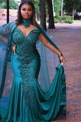 Looking for Prom Dresses, Evening Dresses in Stretch Satin,  Mermaid style,  and Gorgeous Beading, Appliques work? stylesnuggle has all covered on this elegant Gorgeous Mermaid Evening Gowns Long Sleeves Appliques Floor Length Cape.