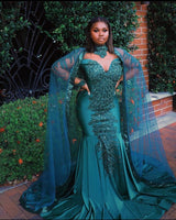 Looking for Prom Dresses, Evening Dresses in Stretch Satin,  Mermaid style,  and Gorgeous Beading, Appliques work? stylesnuggle has all covered on this elegant Gorgeous Mermaid Evening Gowns Long Sleeves Appliques Floor Length Cape.